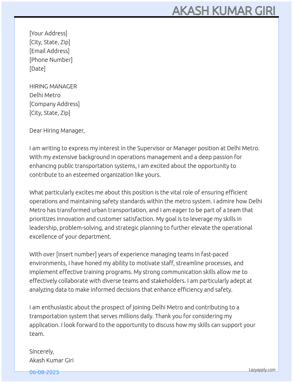 SUPERVISOR OR MANAGER DEPARTMENT  At DILHI METRO Cover Letter