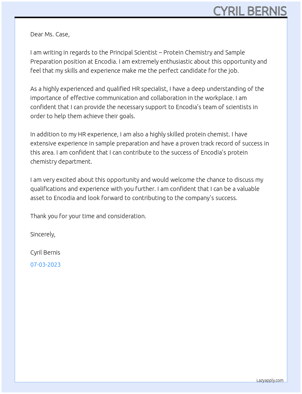 Peincipal scientist protein chemistry and sample prearation At Encodia Cover Letter