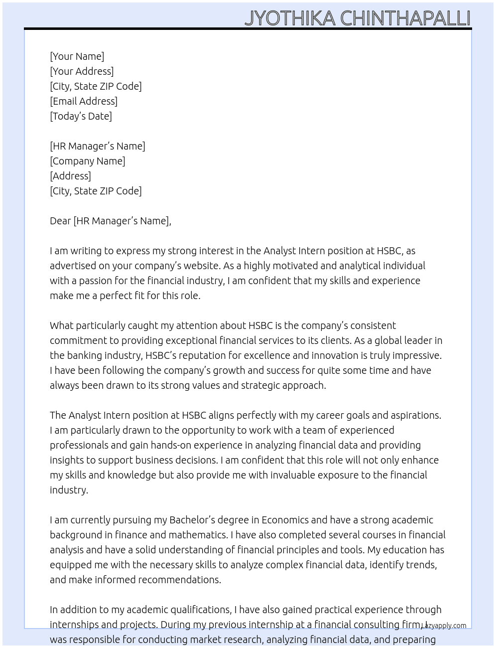 Analyst intern At HSBC Cover Letter