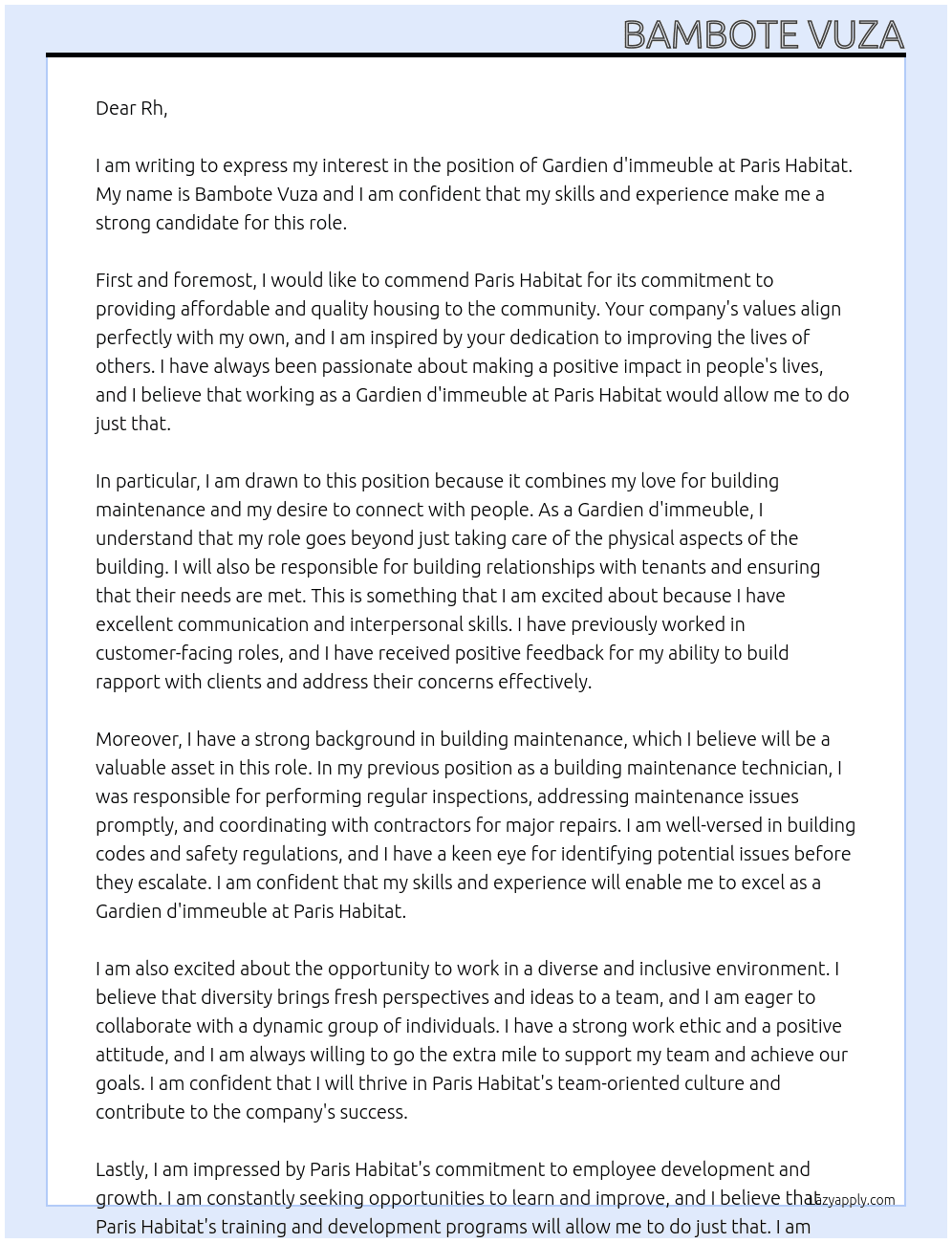gardien d'immeuble At paris habitat Cover Letter