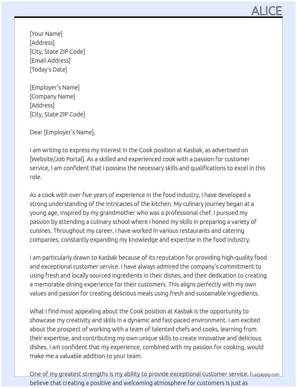 Cook At kasbak Cover Letter