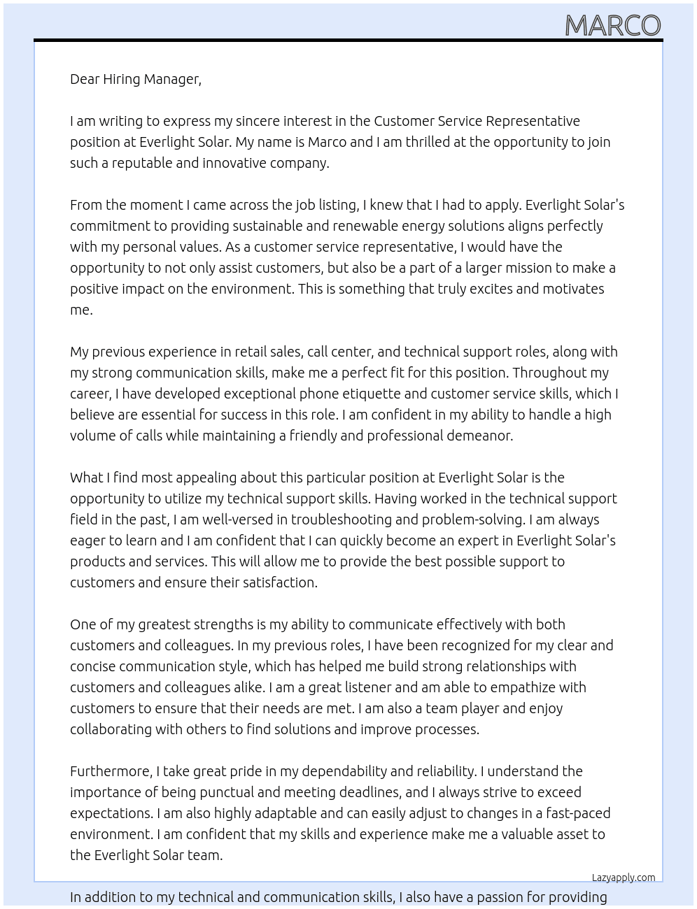 Customer Service Representative  At Everlight Solar Cover Letter