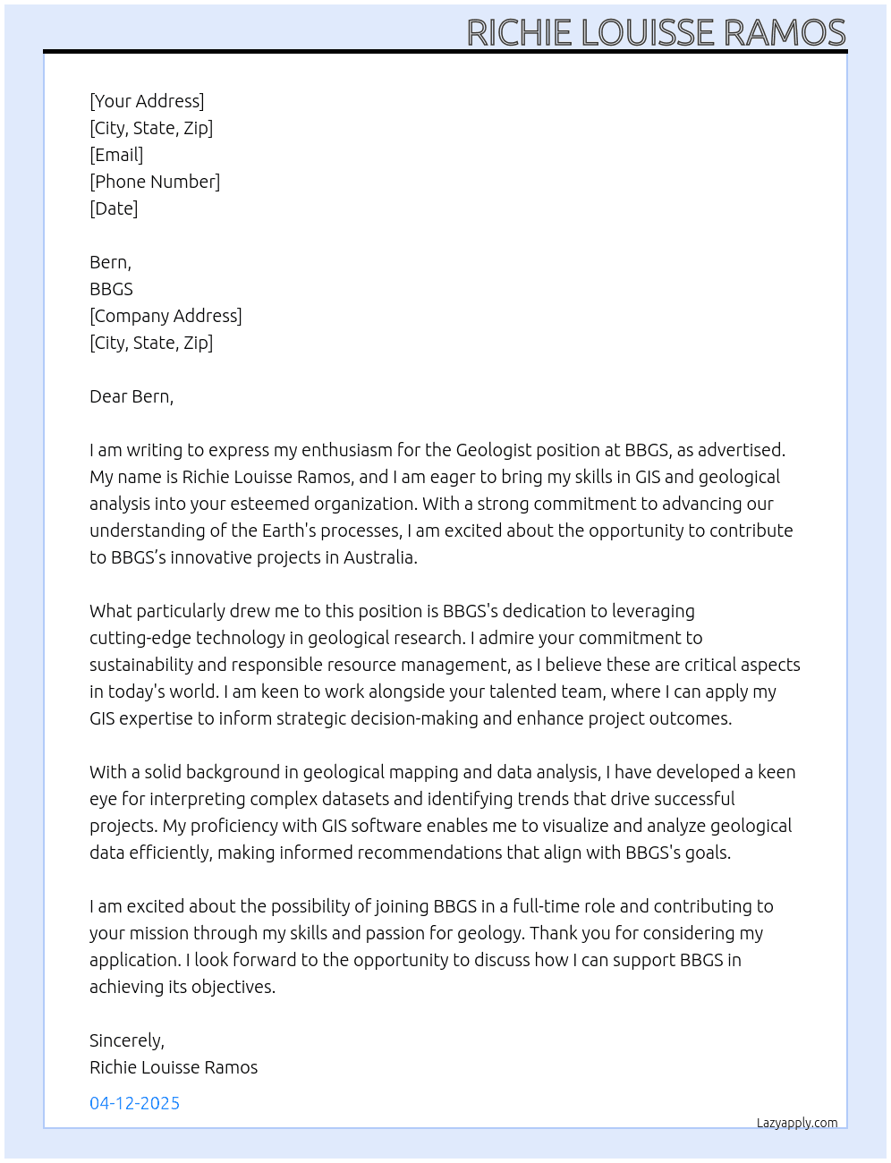 Geologist At BBGS Cover Letter