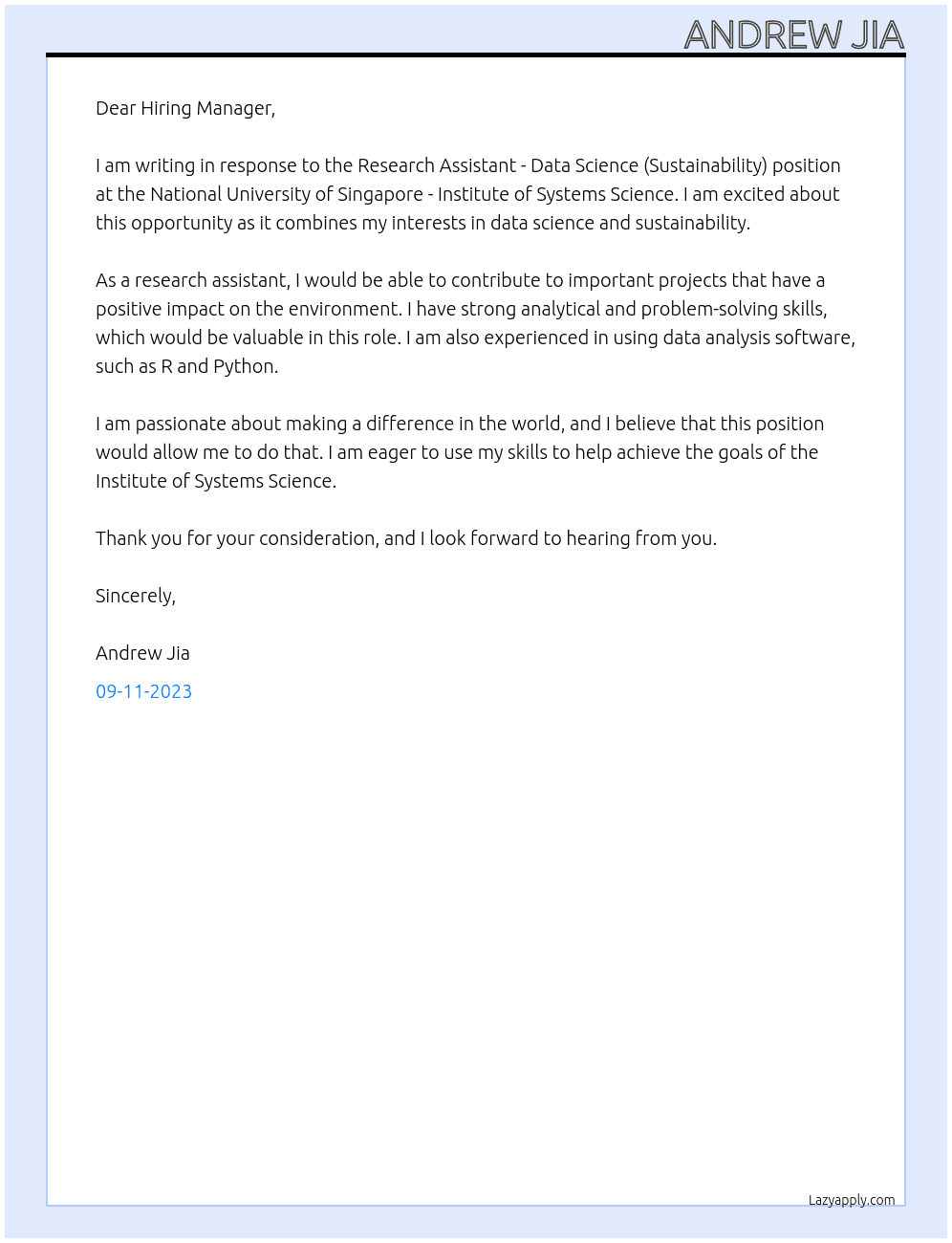 Research Assistant - Data Science (Sustainability) At National University of Singapore - Institute of Systems Science Cover Letter