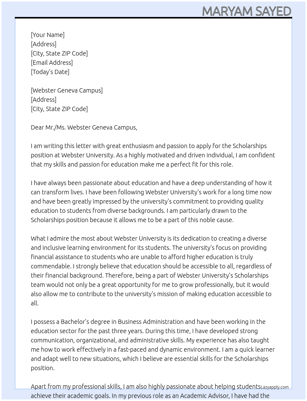 Scholarships At Webster University Cover Letter