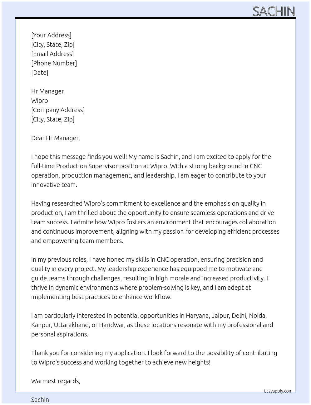 production supervisor At wipro Cover Letter