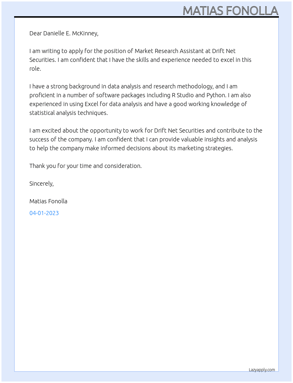 Market Research Assistant At Drift Net Securities  Cover Letter