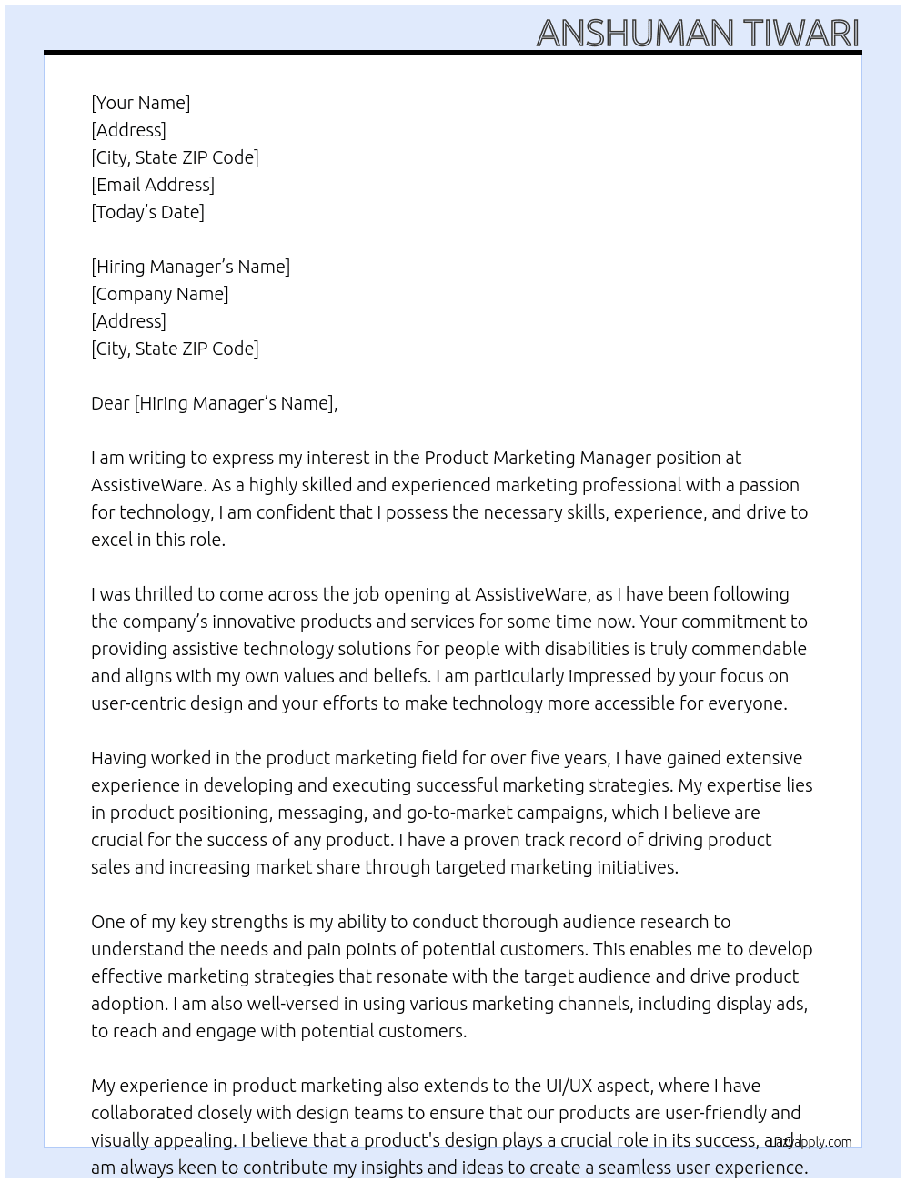 Product Marketing Manager At AssistiveWare Cover Letter