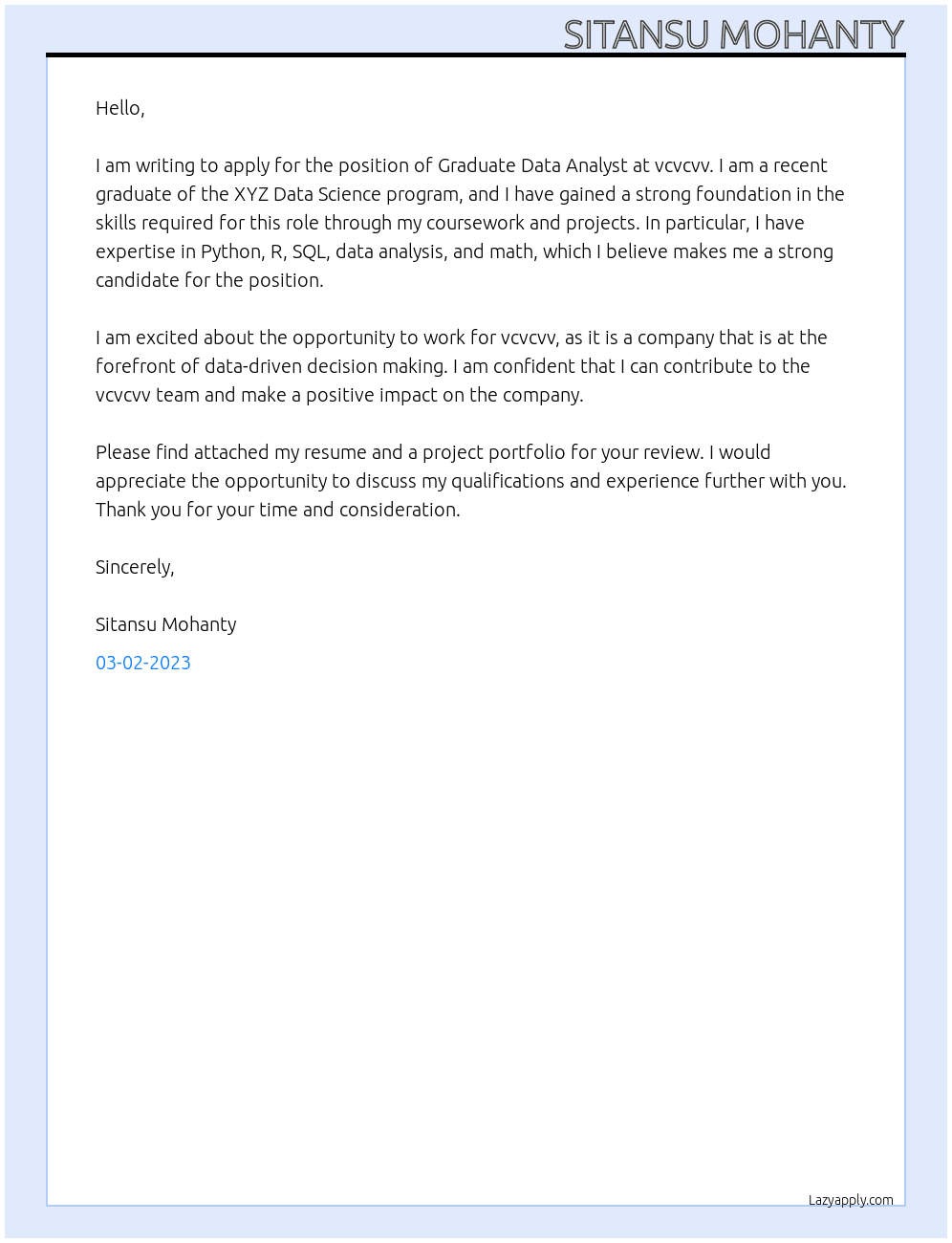 Graduate Data Analyst At vcvcvv Cover Letter