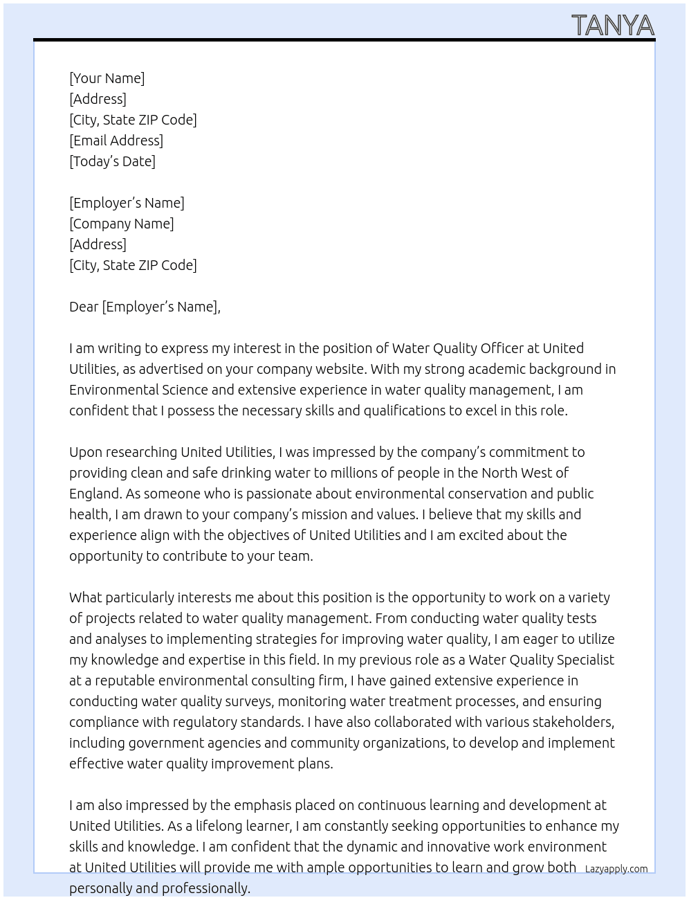 Water quality officer At United utilities Cover Letter