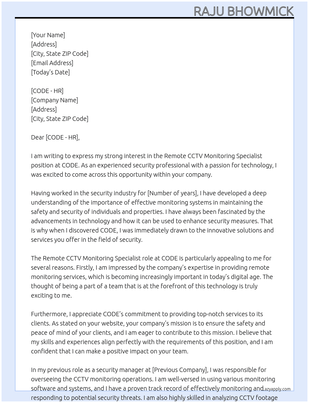 Remote CCTV Monitoring Specialist At CODE Cover Letter