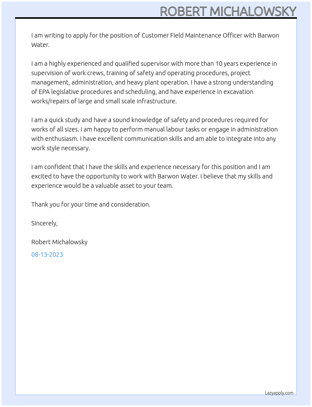 Customer Field Maintenance Officer At Barwon Water Cover Letter