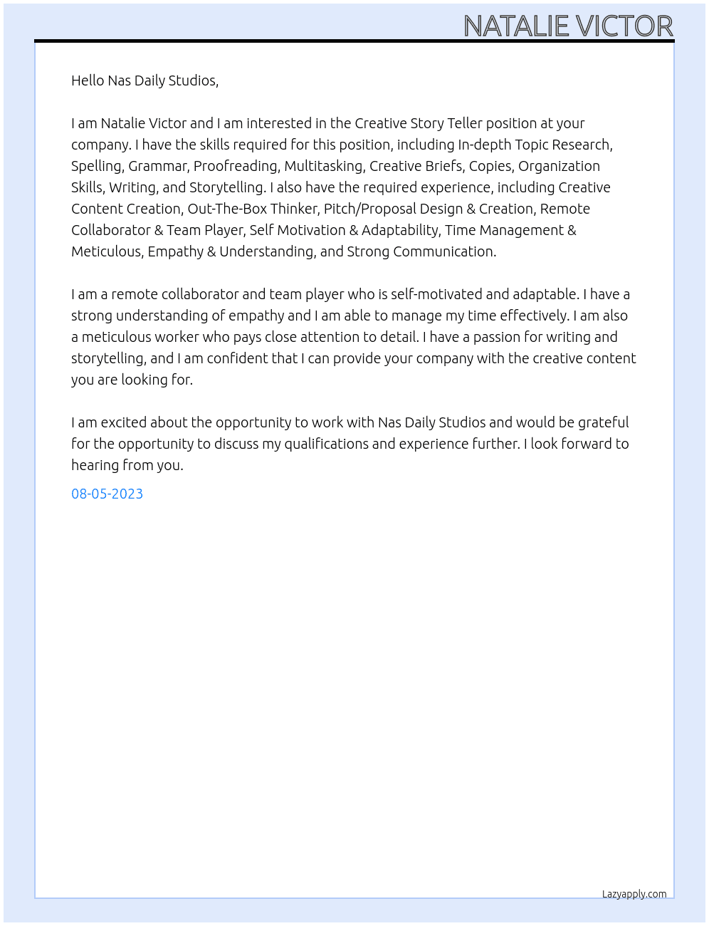 Creative Story Teller At Nas Daily Studios Cover Letter