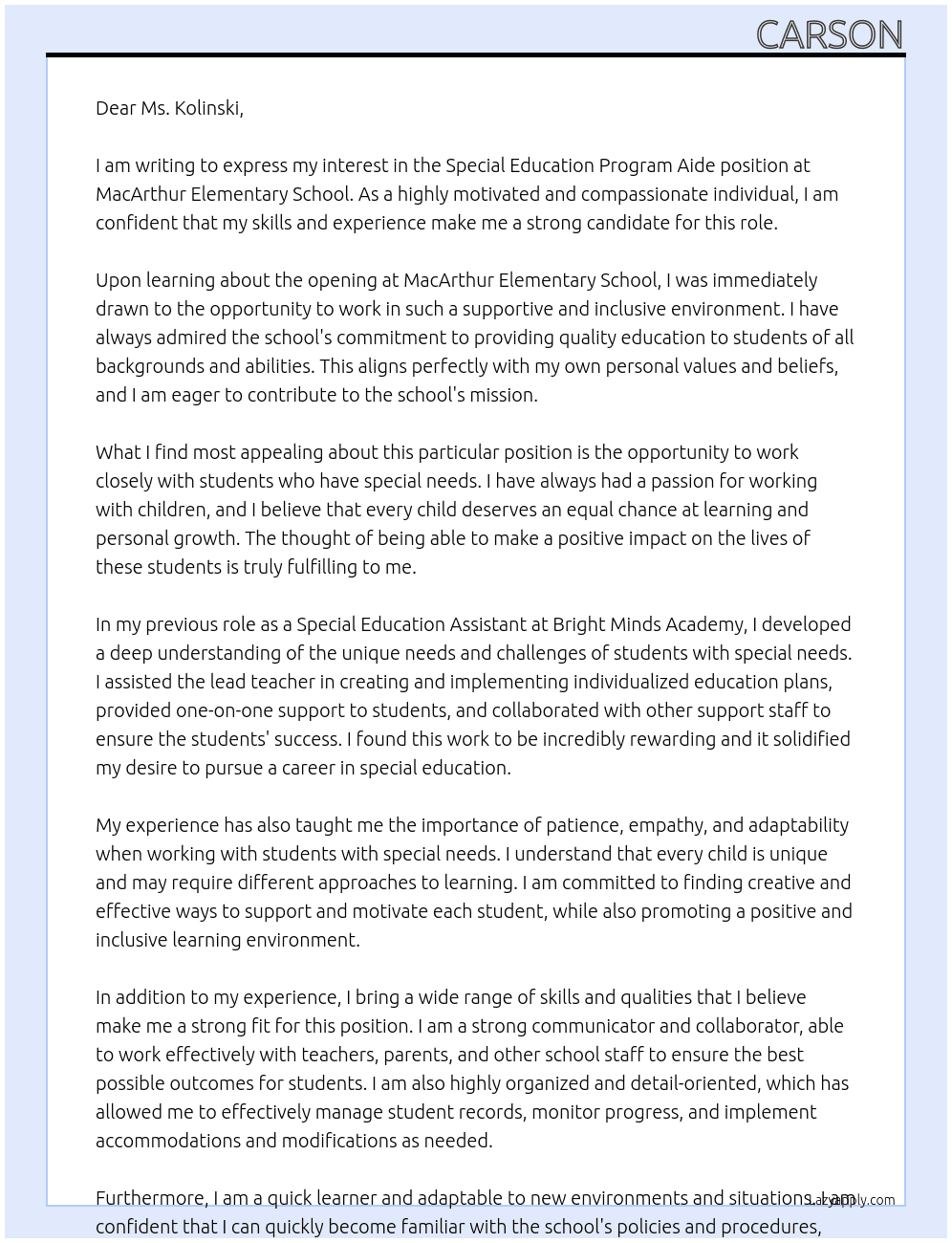 Special Education Program Aide At MacArthur Elementary School Cover Letter