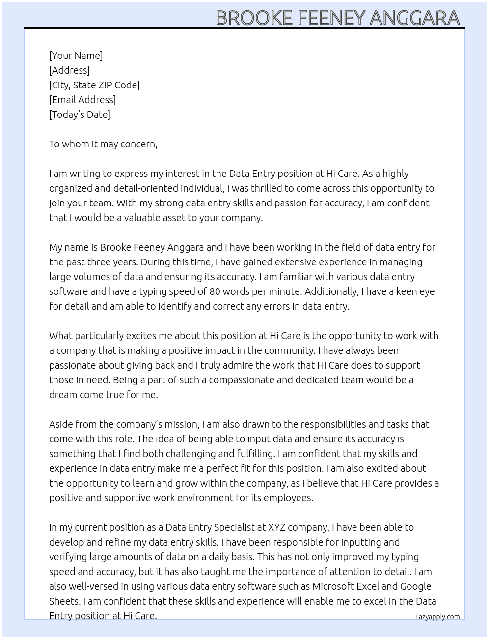 Data entry  At Hi Care Cover Letter