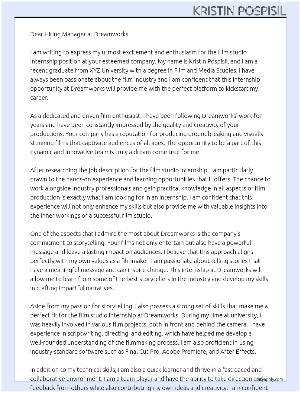 film studio internship At Dreamworks Cover Letter