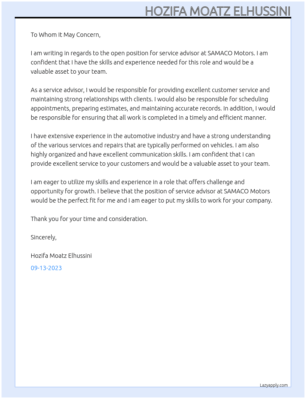 Service Advisor  At SAMACO MOTORS Cover Letter