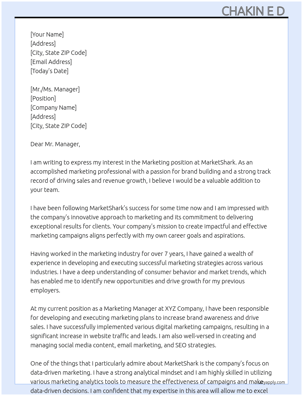 Marketing  At MarketShark Cover Letter