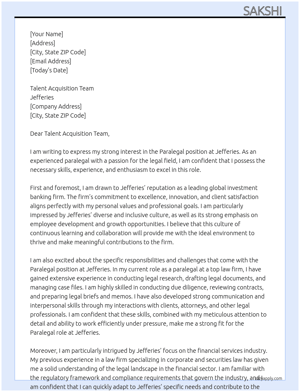 Paralegal  At Jefferies Cover Letter