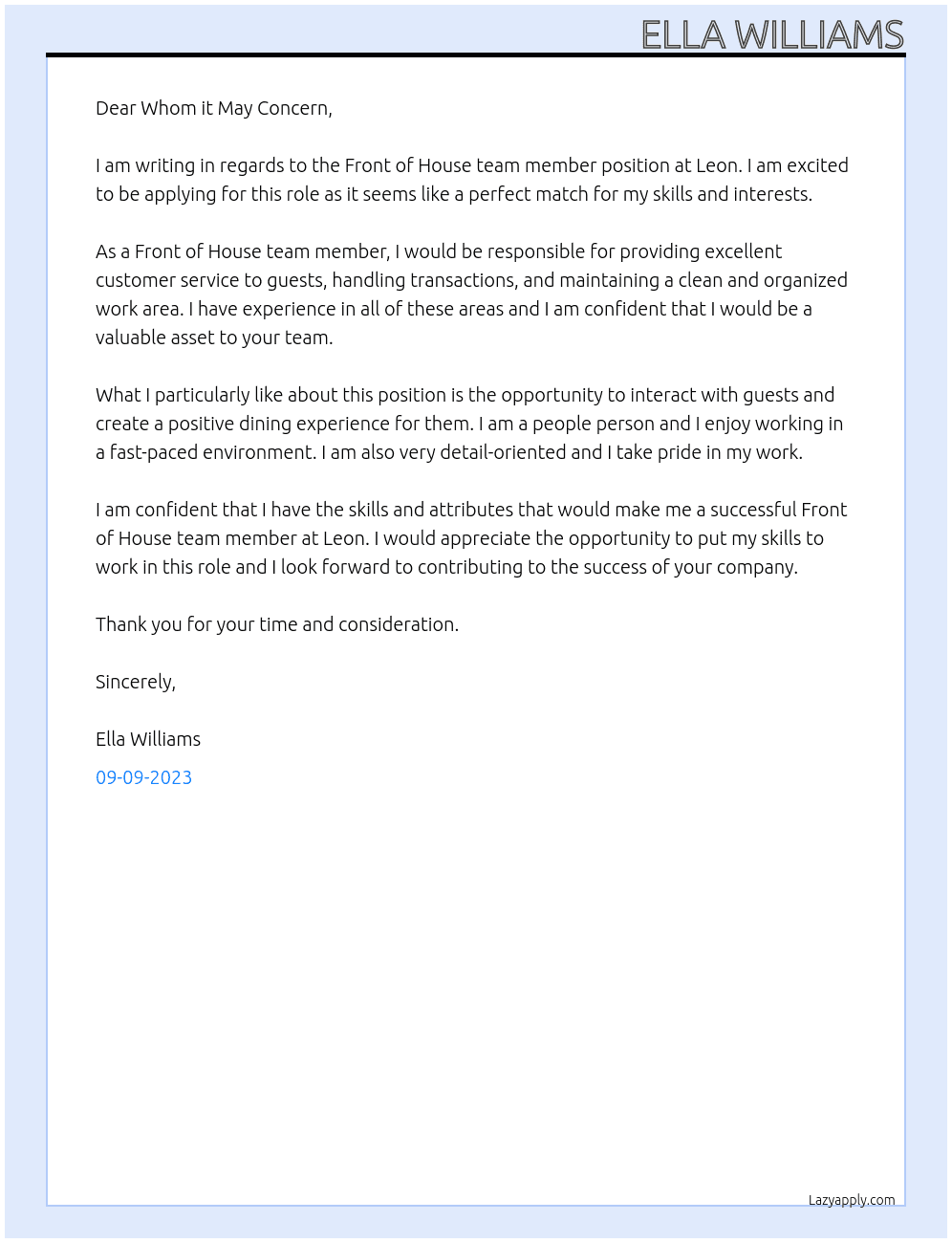Front of House team member At Leon Cover Letter