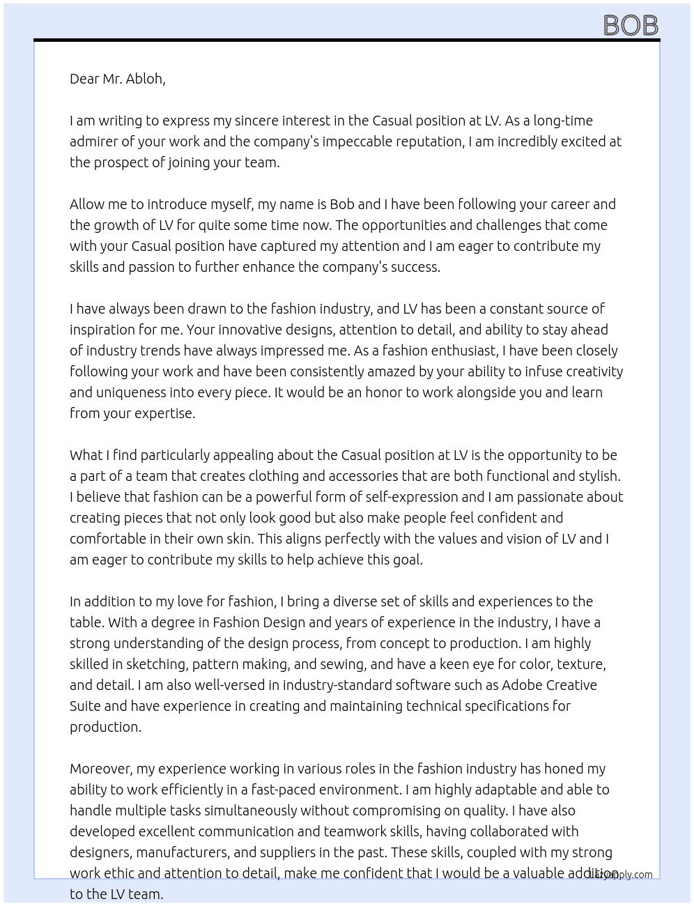 Casual At LV Cover Letter