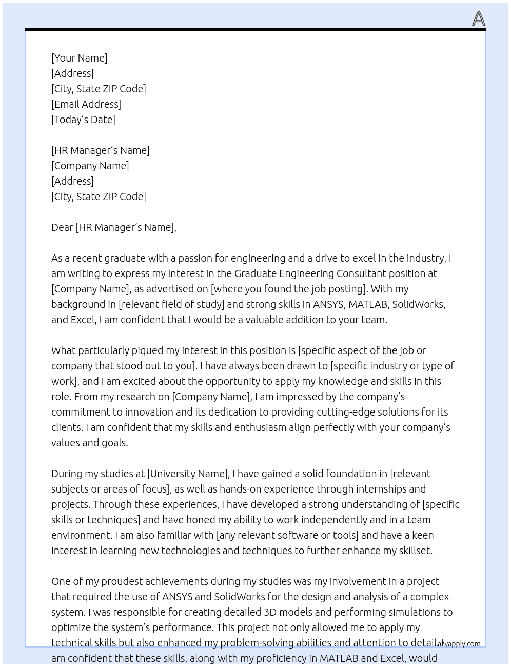 Graduate engineering consultant At OR Cover Letter