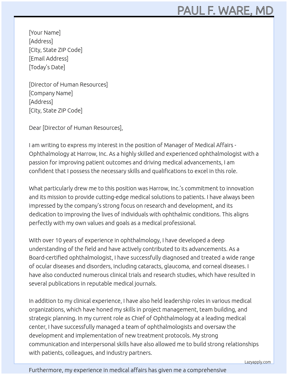 Manager of Medical Affairs - Ophthalmology At Harrow,Inc. Cover Letter