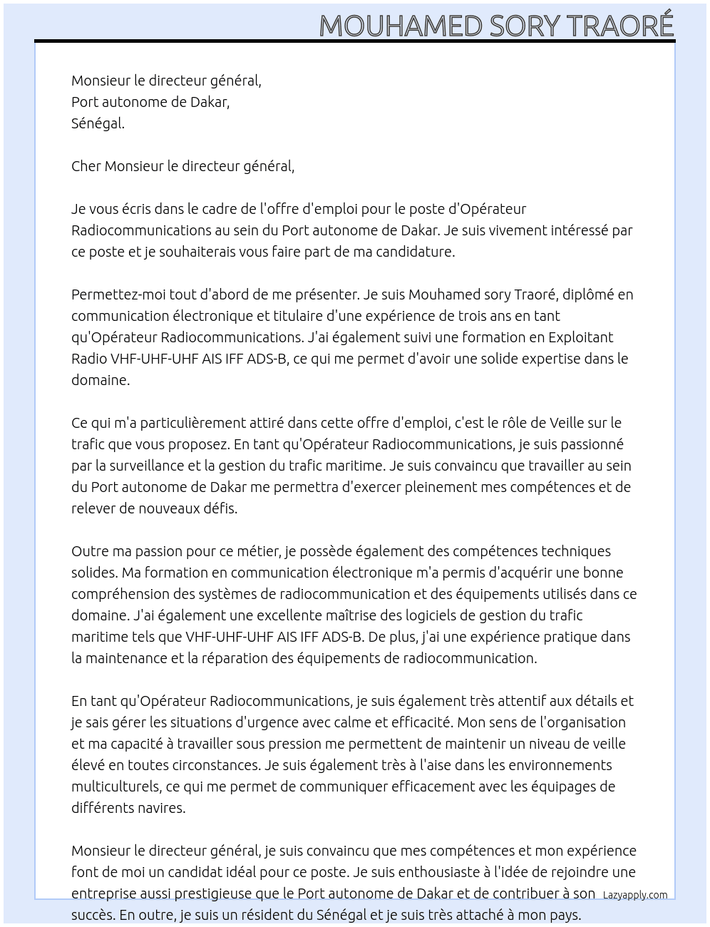 Opérateur Radiocommunications  At Port autonome de Dakar  Cover Letter