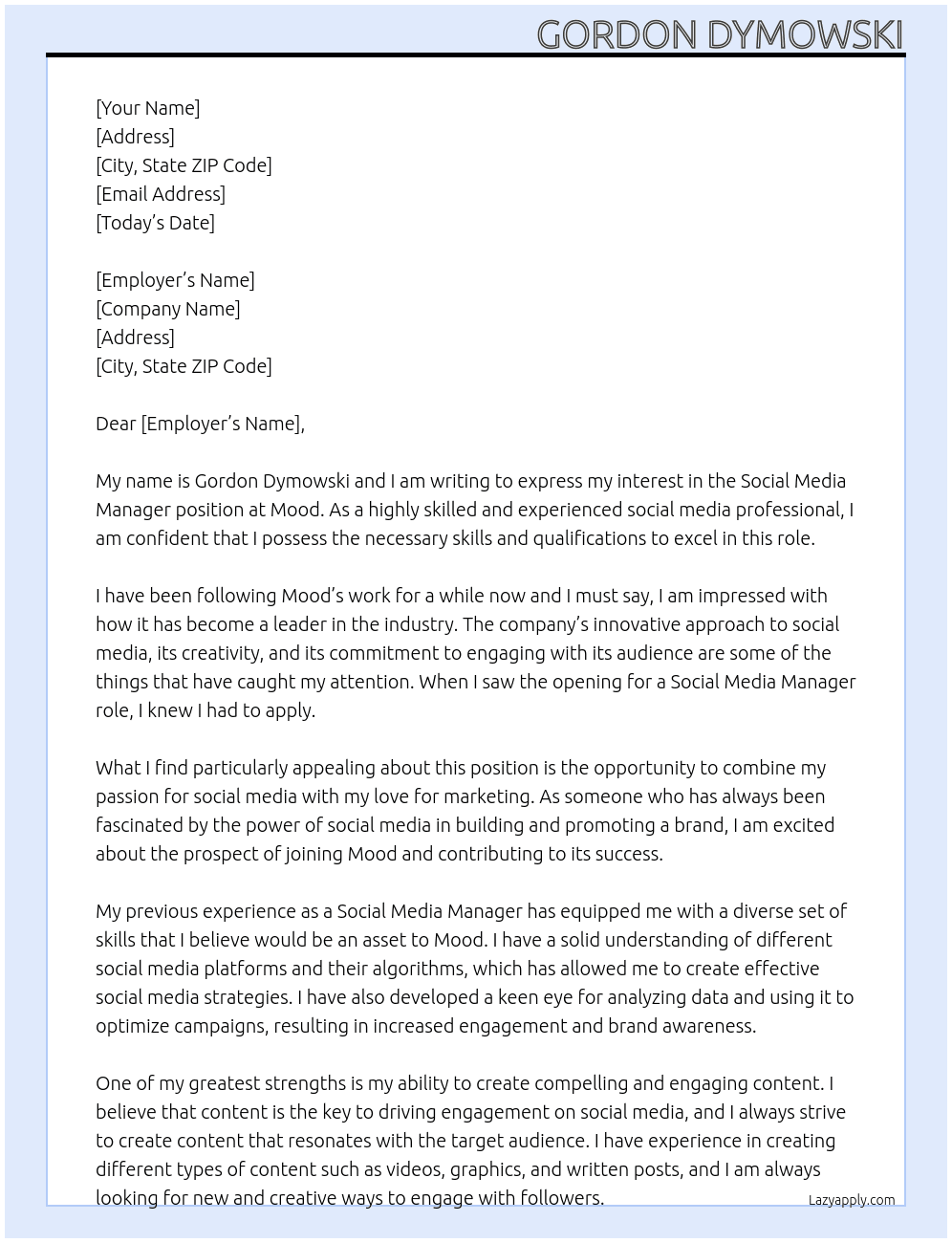 Social Media Manager At Mood Cover Letter