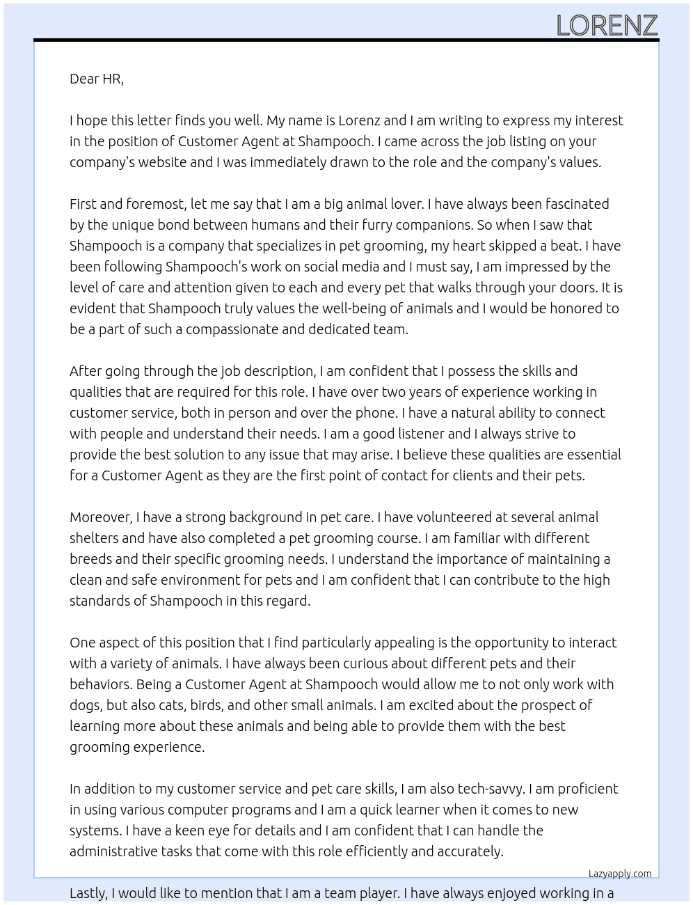 Customer Agent At Shampooch Cover Letter