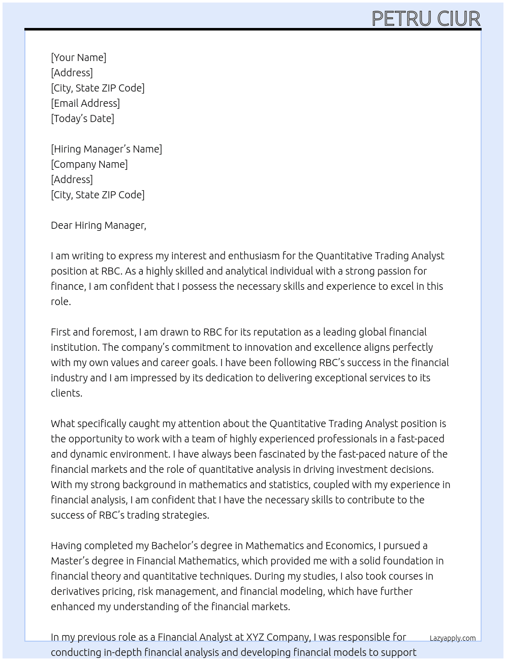  Quantitative Trading Analyst  At RBC Cover Letter