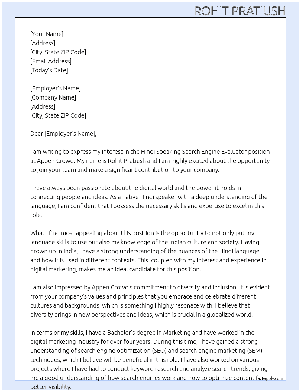 Hindi Speaking Search Engine Evaluator At Appen Crowd Cover Letter