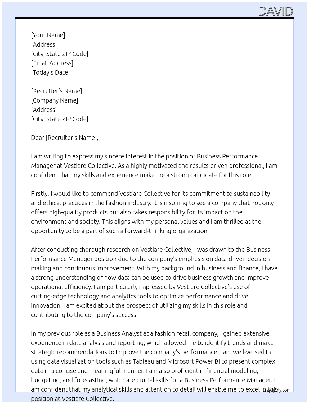 Business Performance Manager At Vestiare Collective Cover Letter