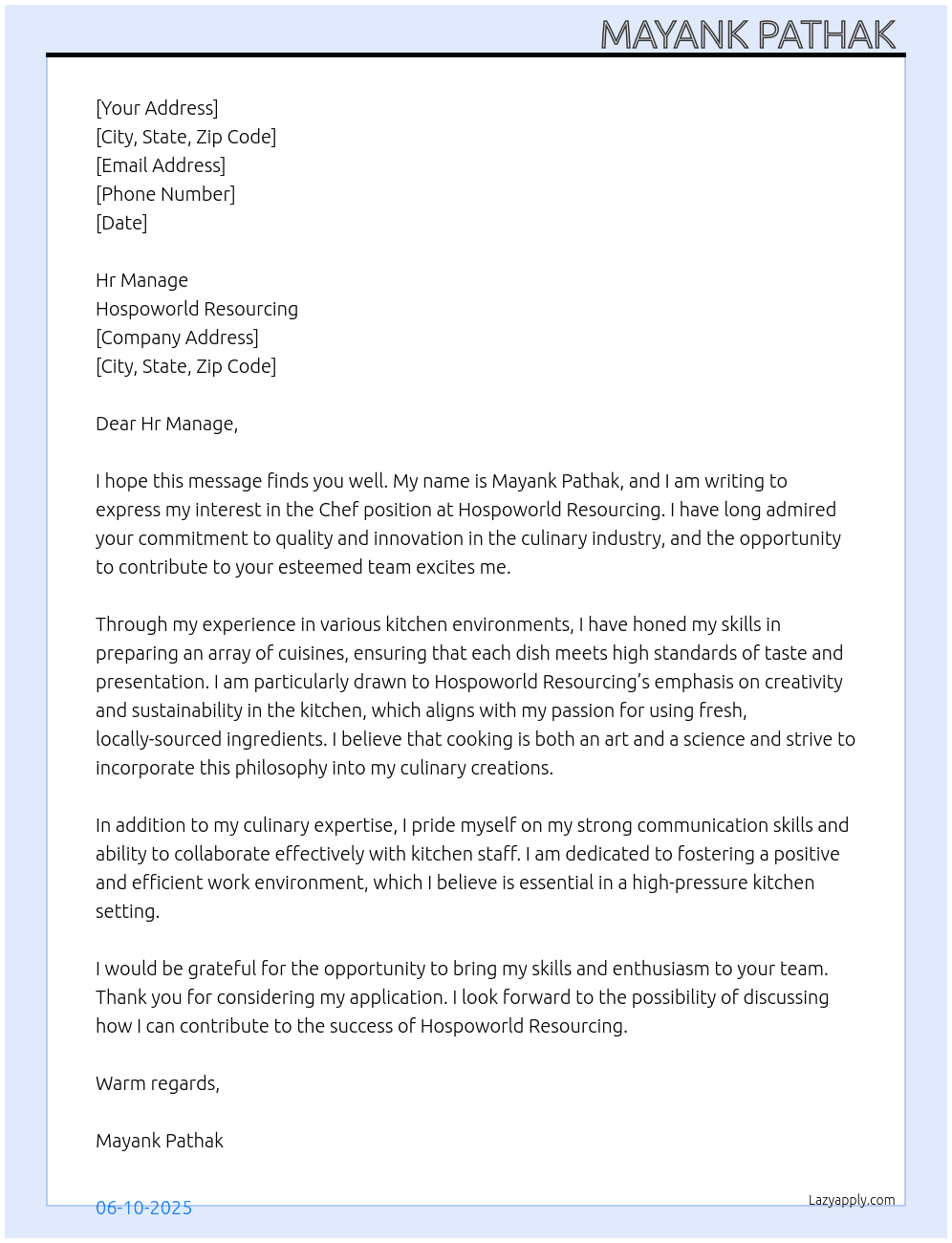 Cover letter for chef’s - LazyApply