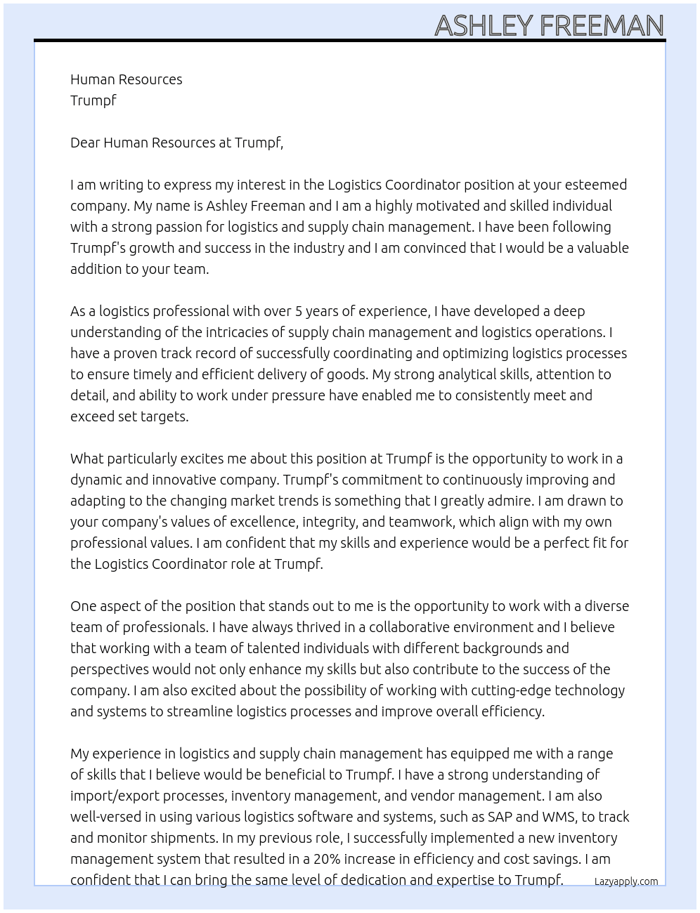 Logistics Coordinator  At Trumpf Cover Letter