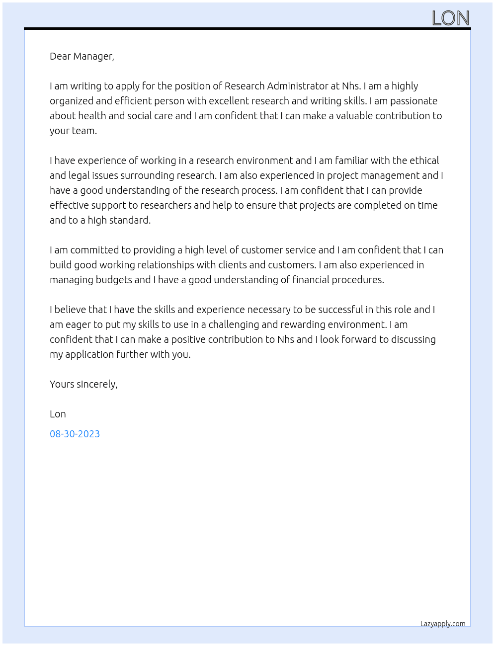 Research Administrator At Nhs Cover Letter