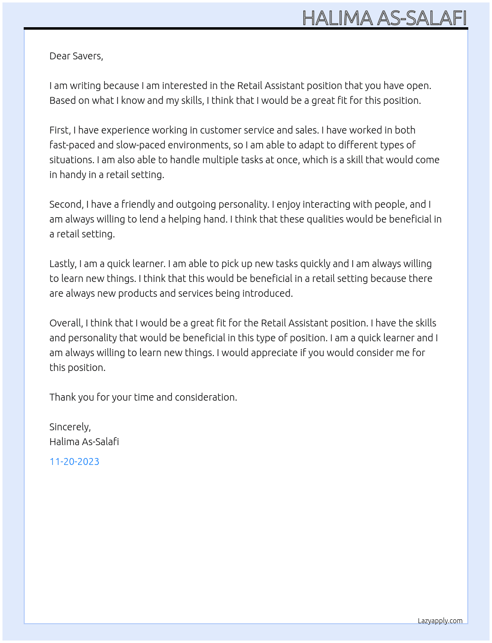 Retail Assistant  At Savers  Cover Letter