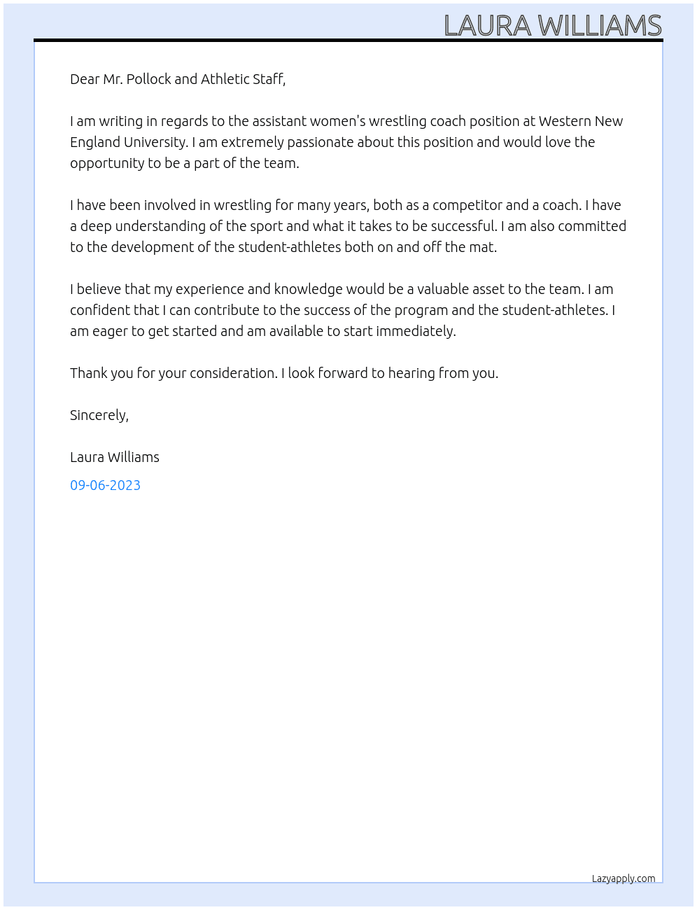 Assistant Women's Wrestling Coach At Western New England University Cover Letter