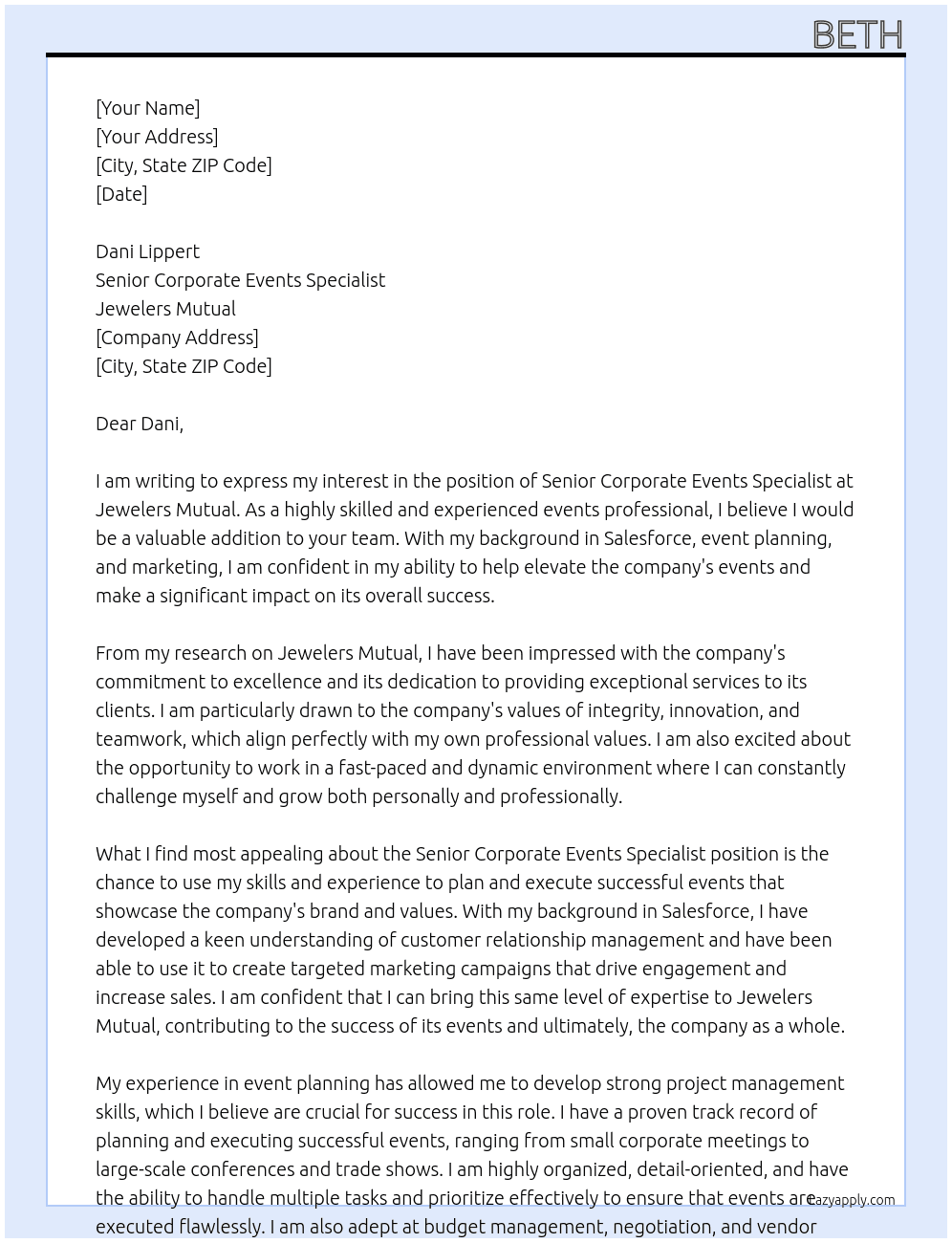 Senior Corporate Events Specialist At Jewelers Mutual Cover Letter
