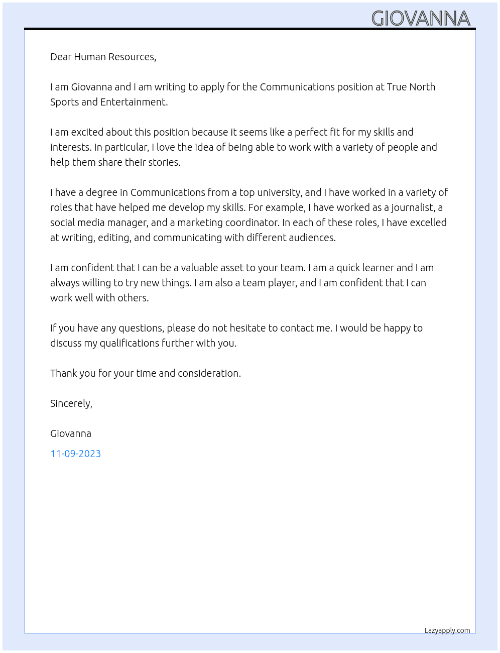 Communications  At True North Sports and Entertainment  Cover Letter
