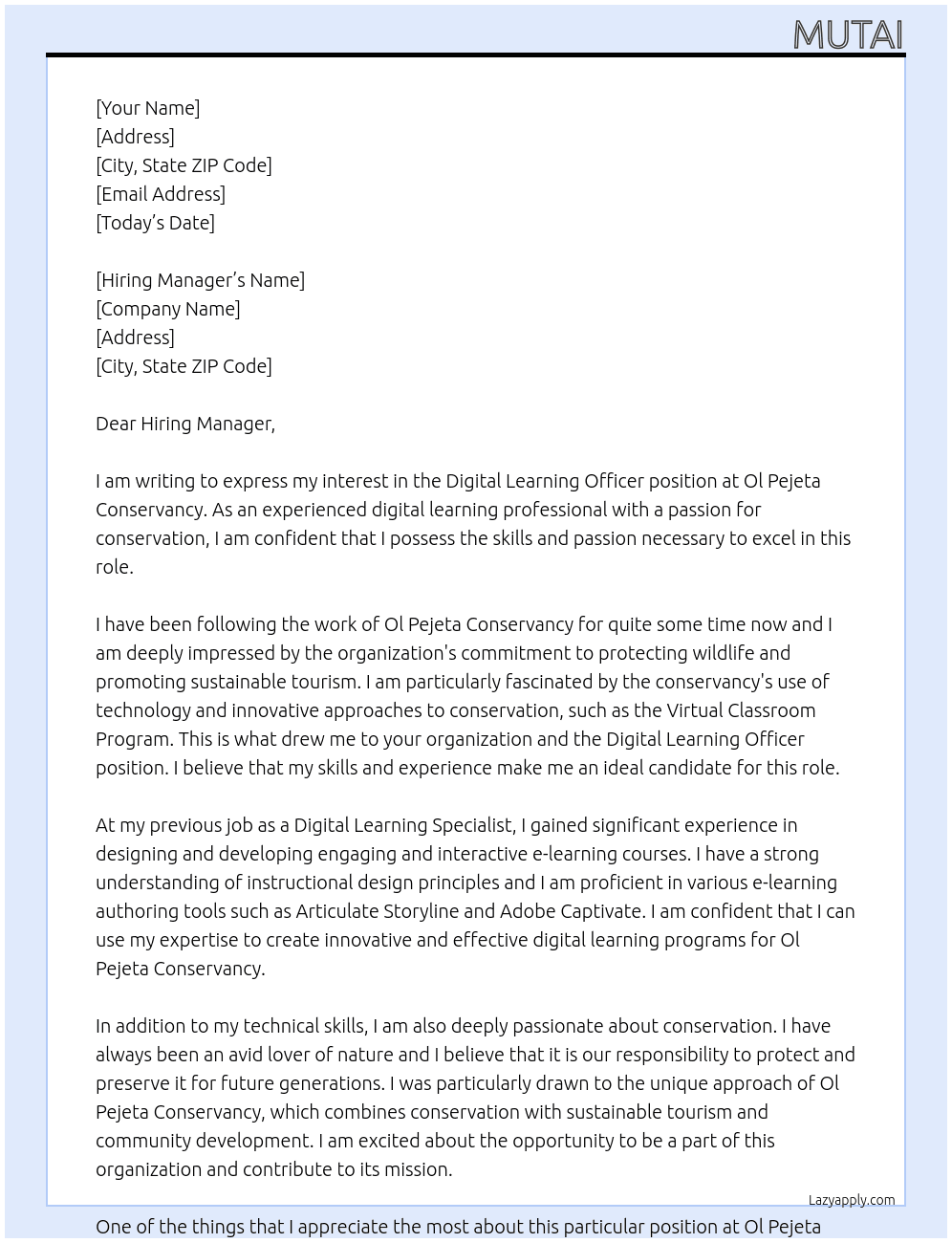Digital learning officer At OL PEJETA CONSERVANCY Cover Letter
