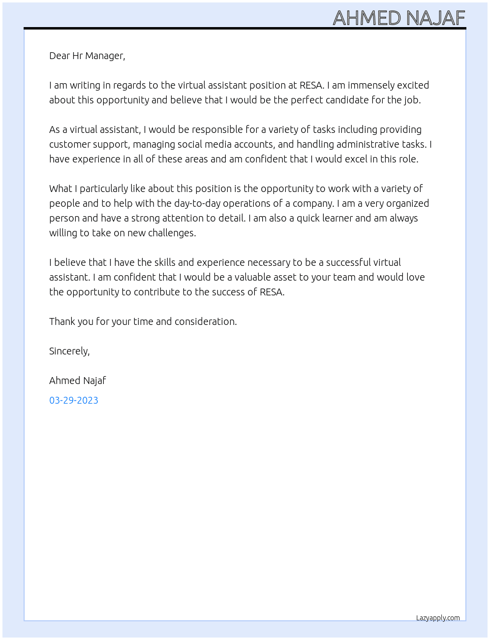 Virtual assistant At RESA Cover Letter