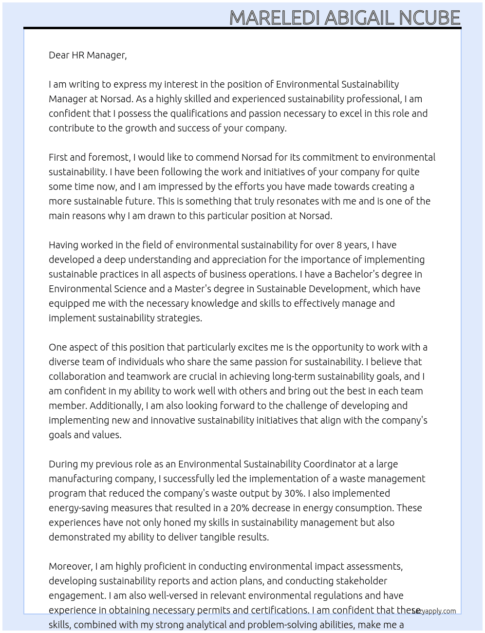 Environmental Sustainability Manager  At Norsad Cover Letter