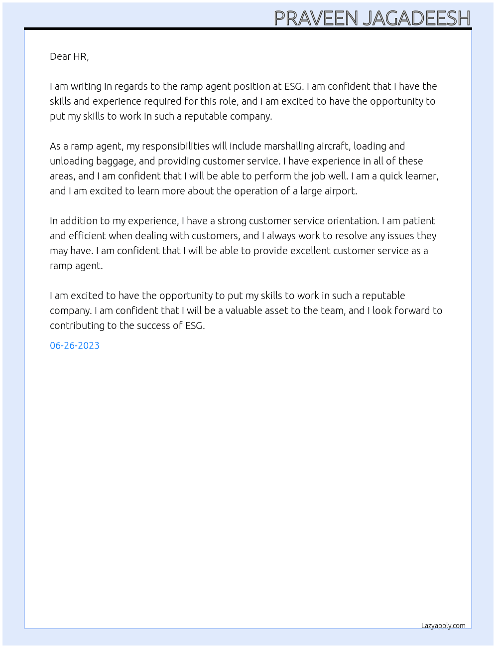 ramp agenr At Excellence solutions Germanyh ESG Cover Letter
