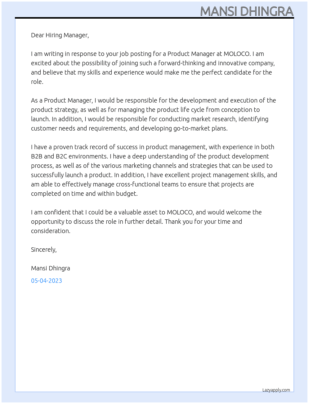product manager At MOLOCO Cover Letter
