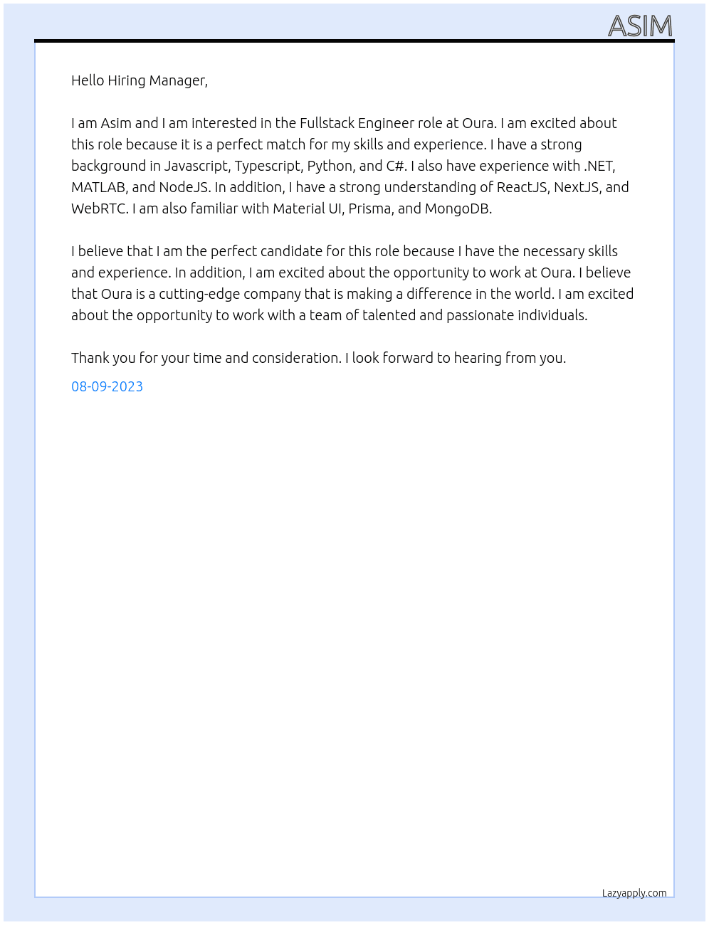 Fullstack Engineer At Oura Cover Letter