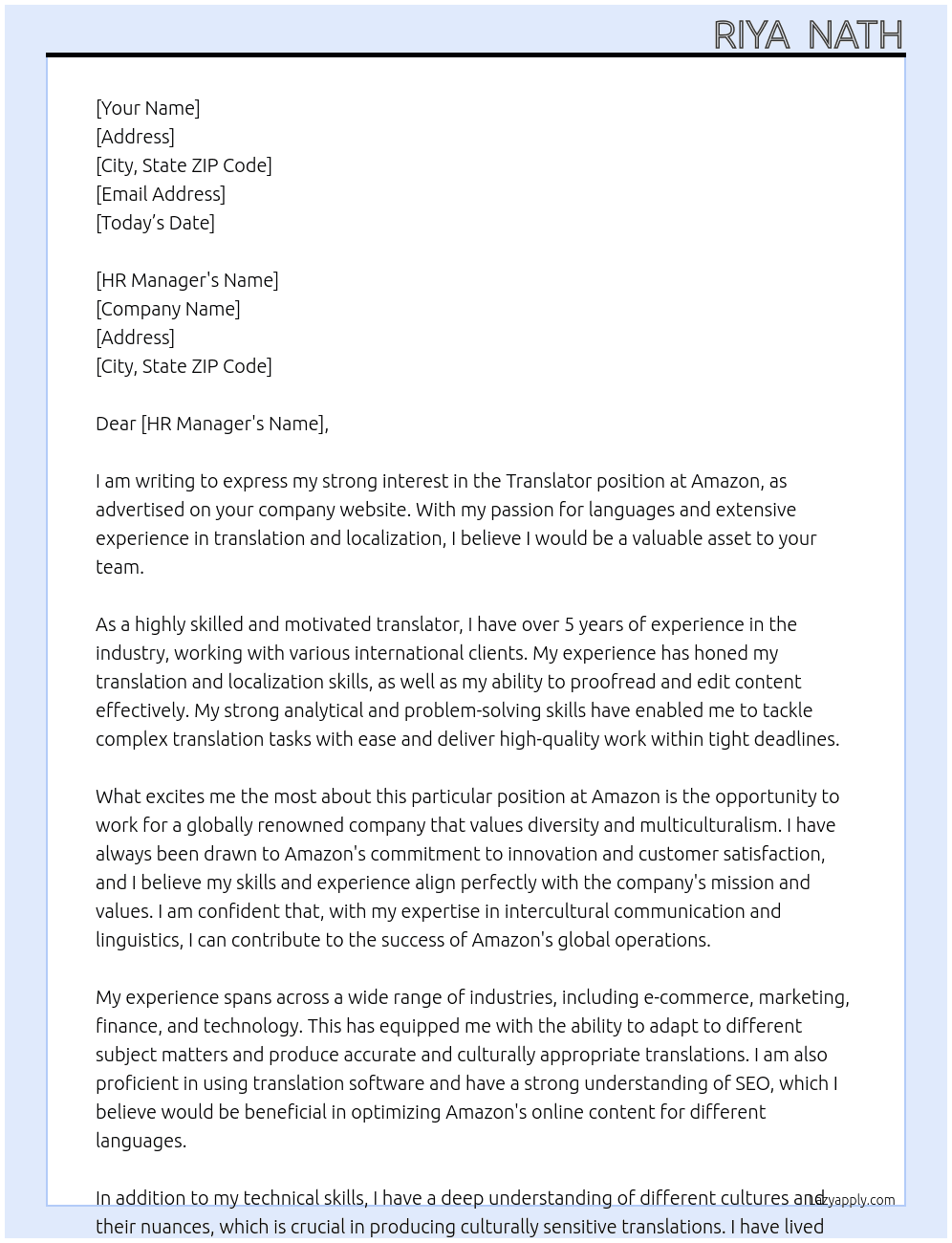 Translator  At Amazon  Cover Letter