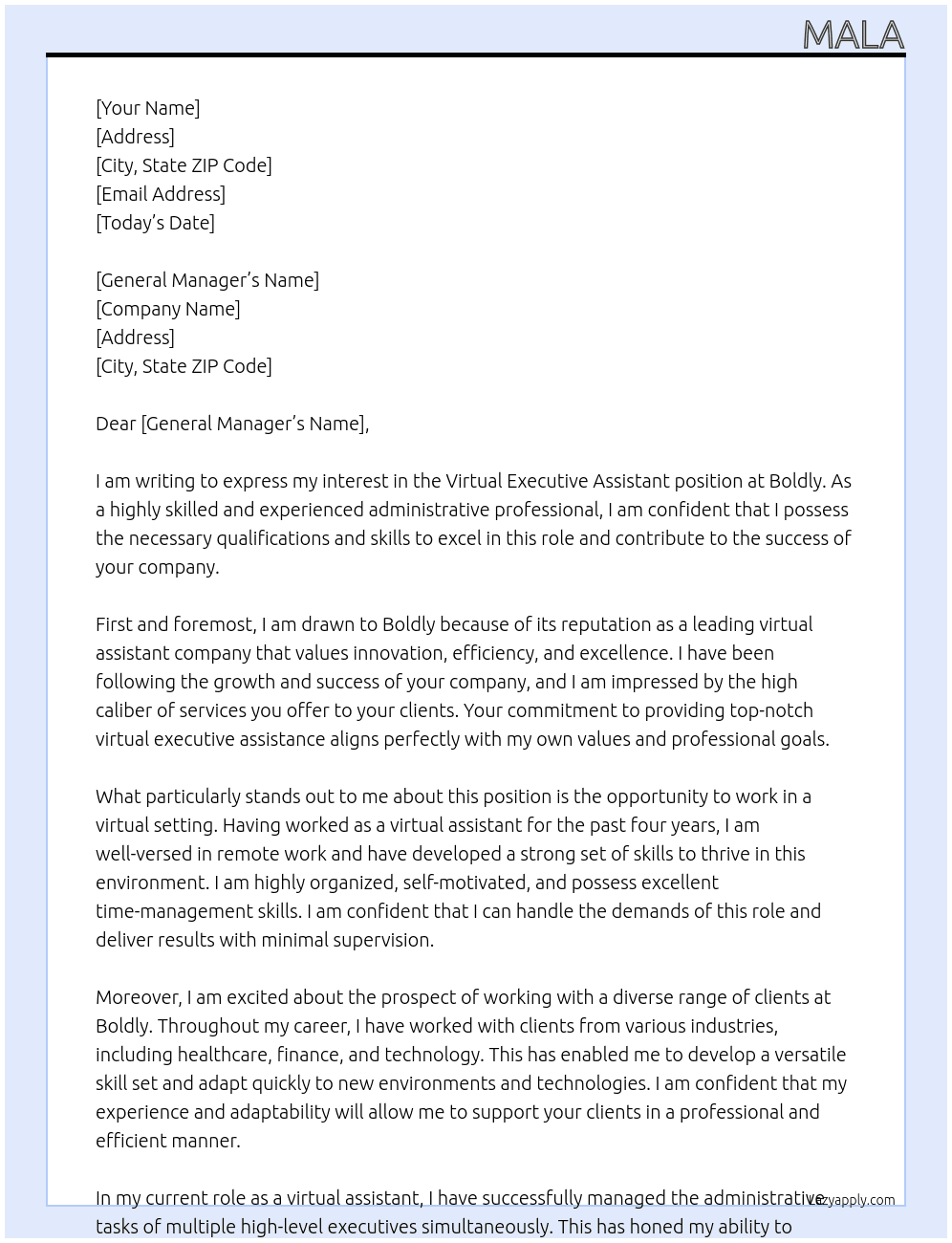 Virtual Executive Assistant  At Boldly  Cover Letter