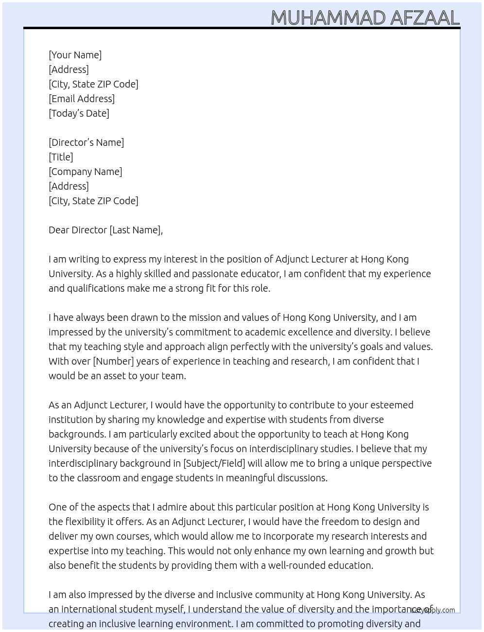 Adjunct lecturer  At Hong Kong university  Cover Letter