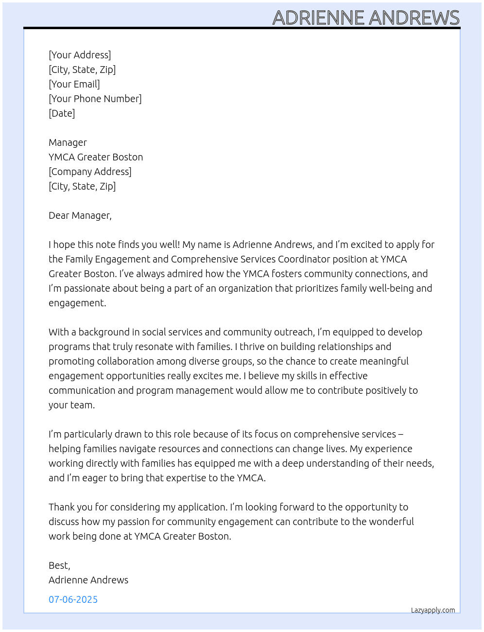 Family Engagement and Comprehensive Services Coordinator At YMCA Greater Boston Cover Letter